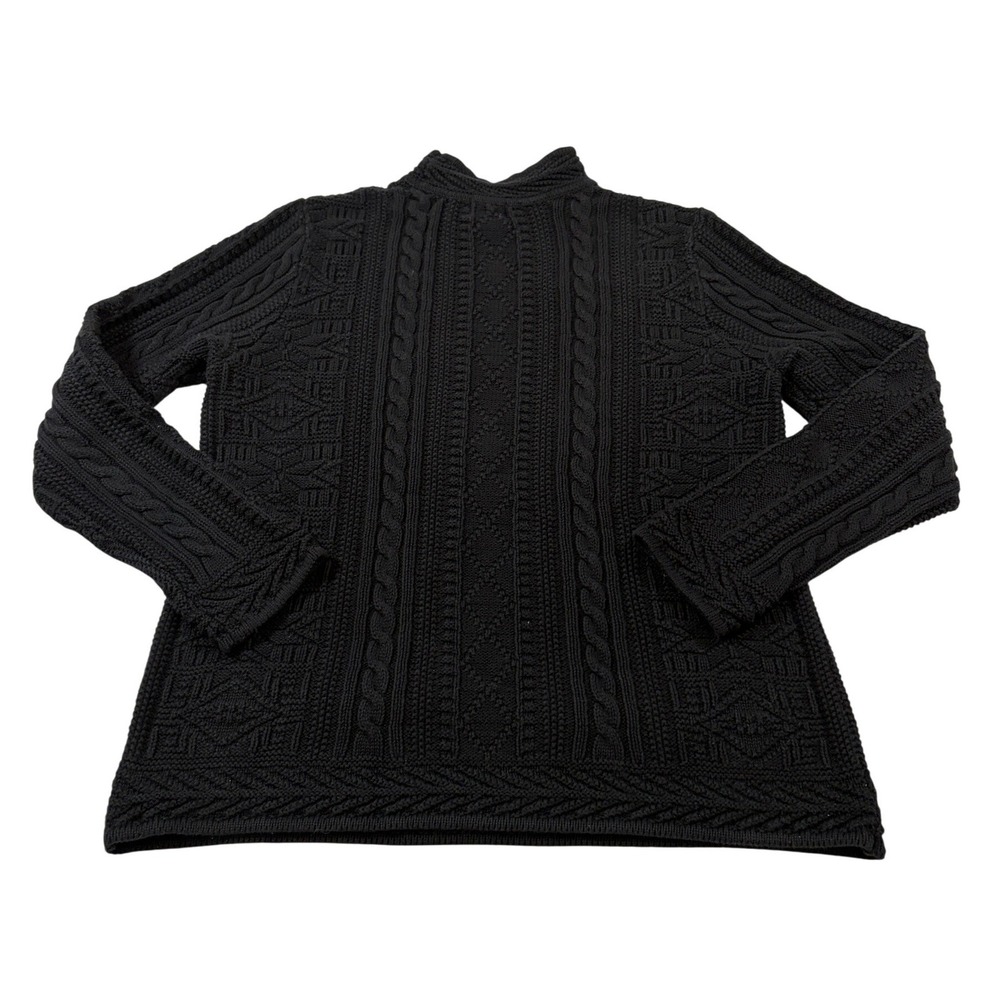 LL‎ Bean Womens Black Cotton Cable Fisherman Chunky Knit Mock Neck Sweater M